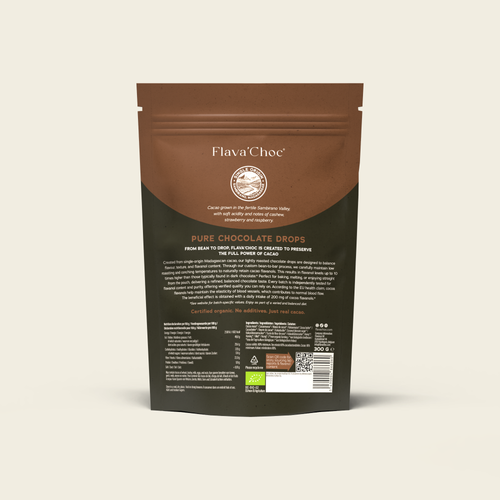 Pure Chocolate Drops 80% — Back of Pouch with Ingredients and Origin
